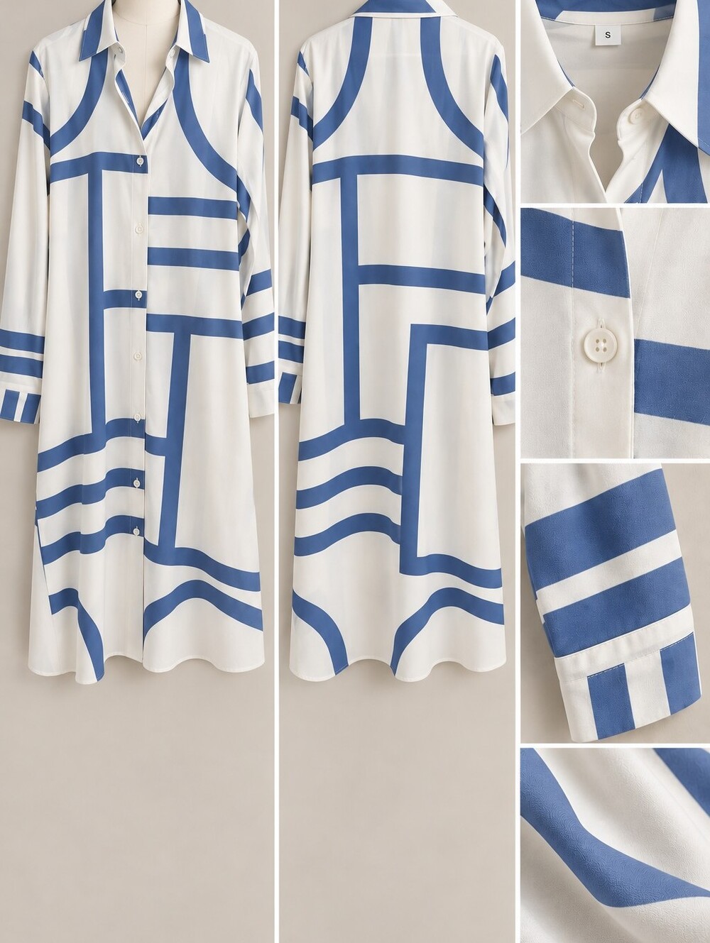 White & Blue Geometric Print Men's Shirt Dress